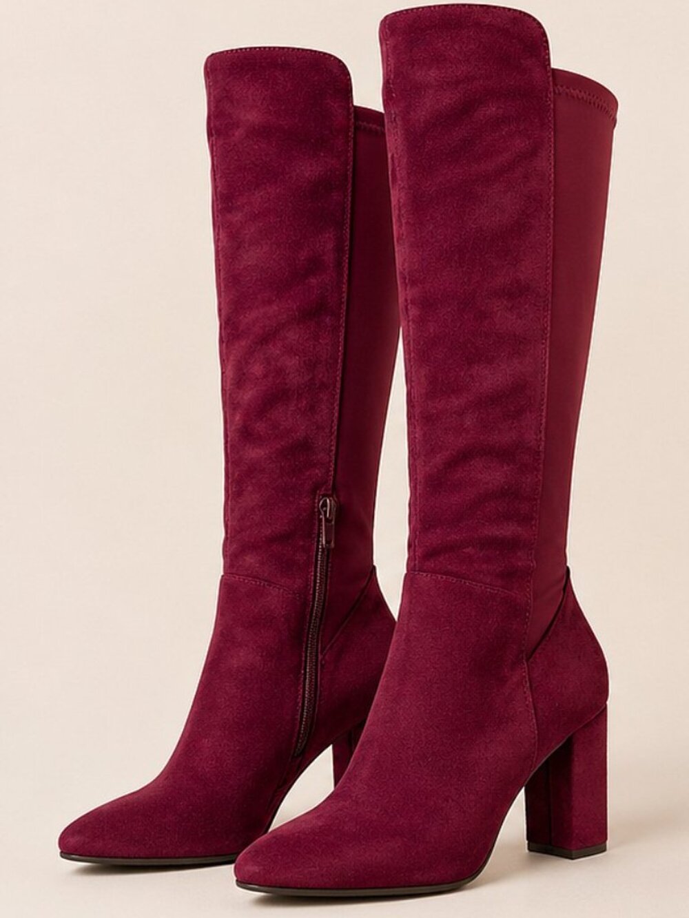 Wild Diva Blake-05 Knee High Foldable Block Heel Elastic Panel Burgundy Boots - Picture 2 of 7